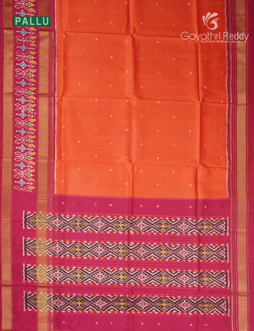 Pure Ikat Silk Saree in Orange and Rani Pink