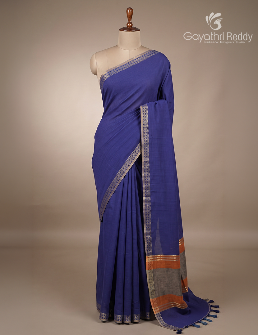 Jamdani Cotton Saree in Deep Blue and Deep Rust