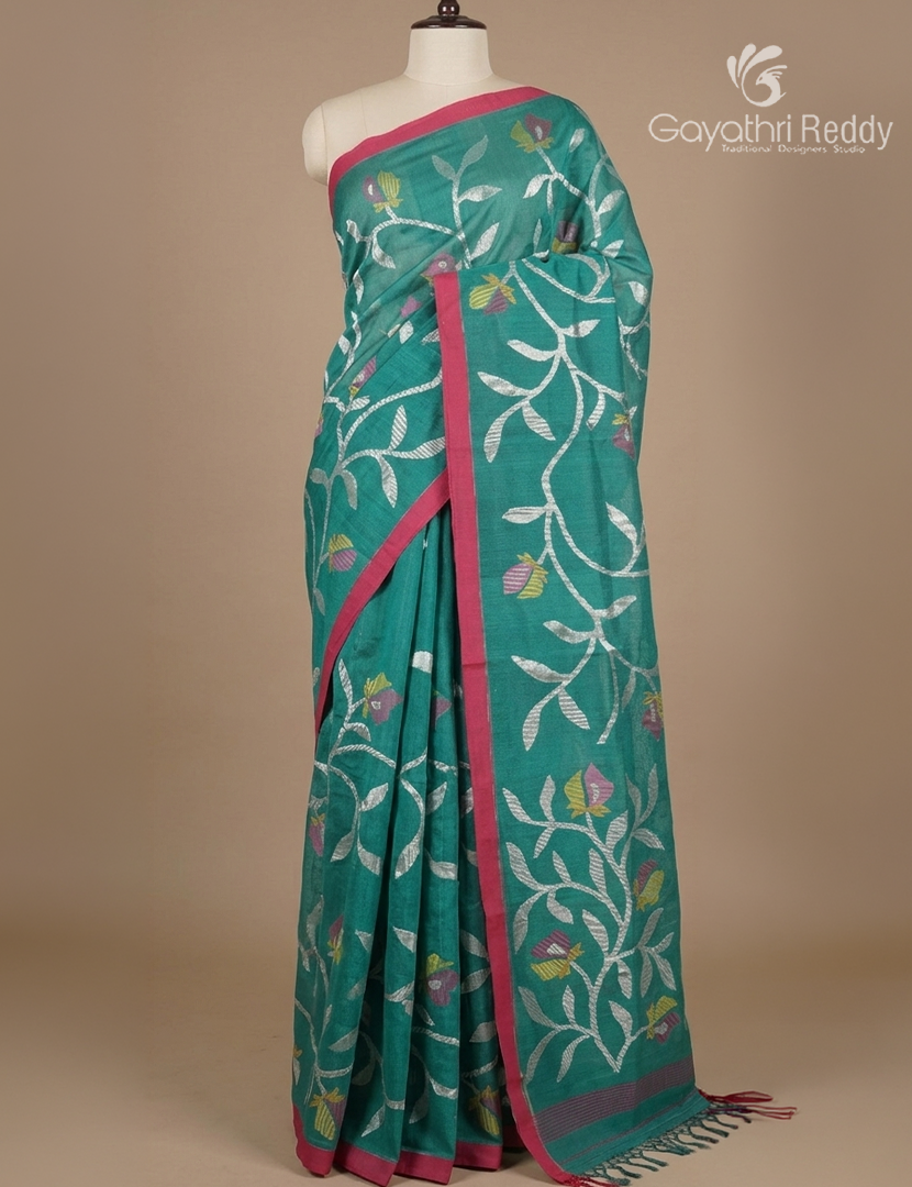 Pure Jamdani Kora Saree in Rama Green