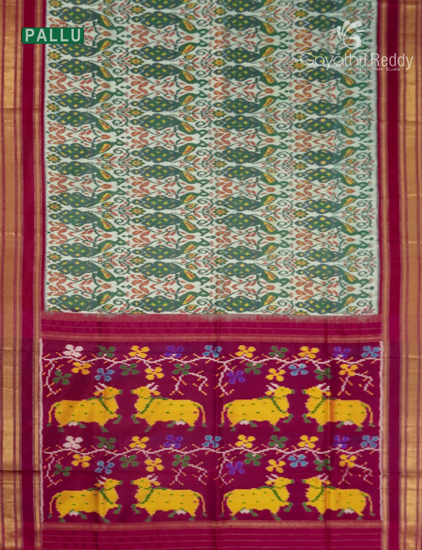 Pure Ikat Silk Saree in Pista Green and Deep Pink