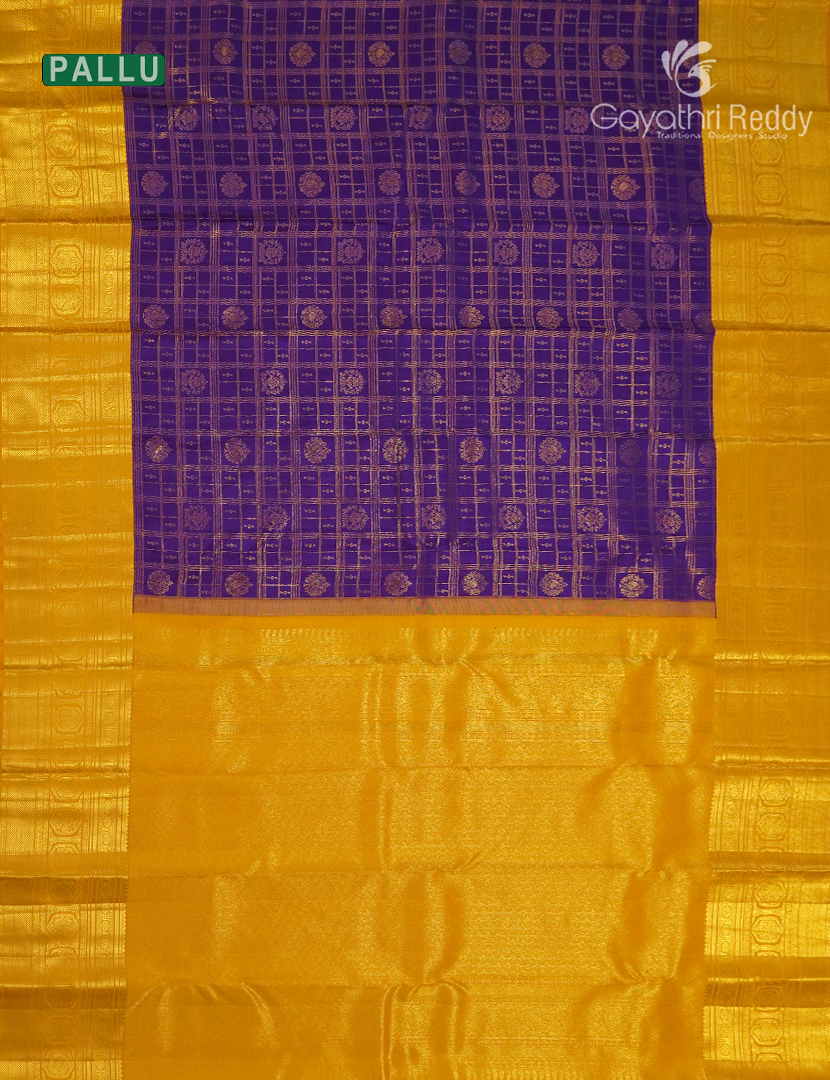 Pure  Kanchipuram Silk Saree in Violet and Yellow ( Butta Pattern )