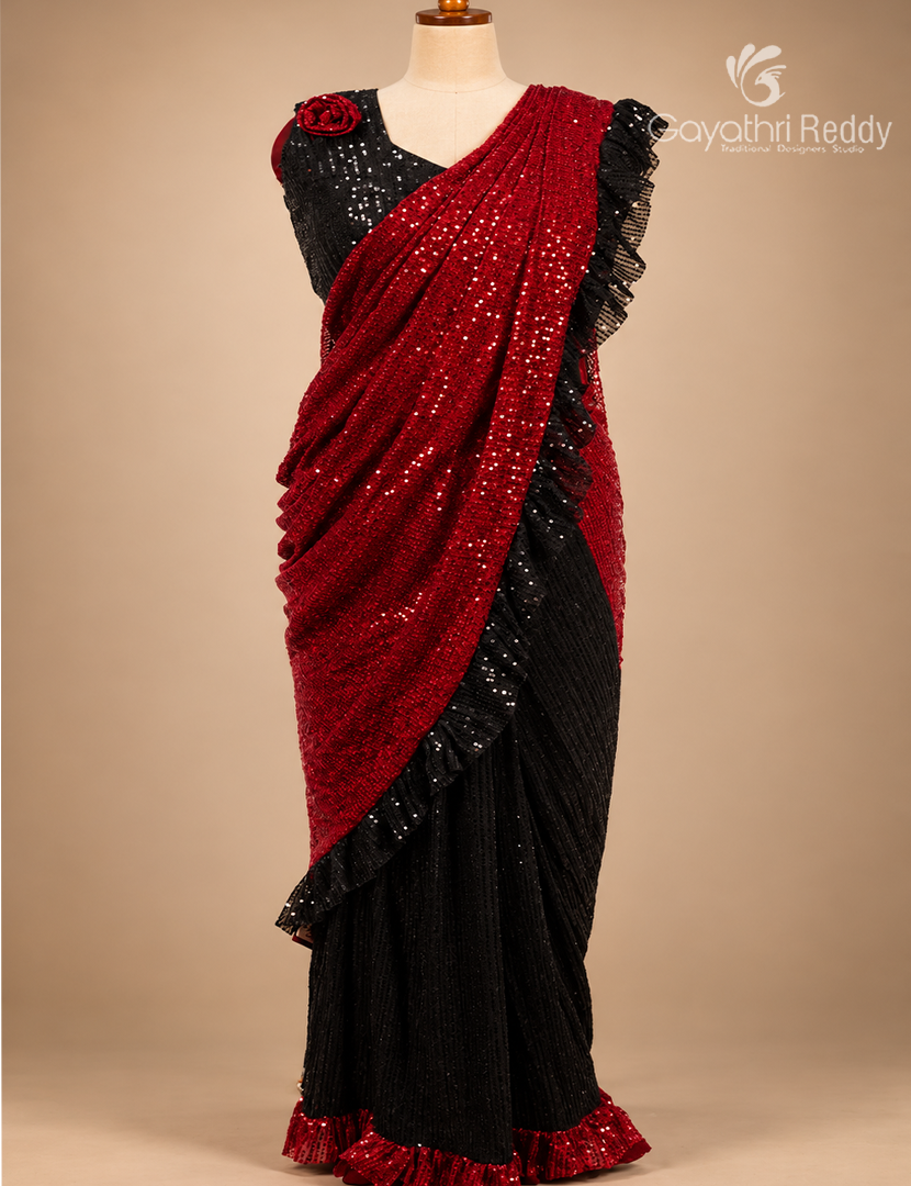 One Minute Saree in Red and Black
