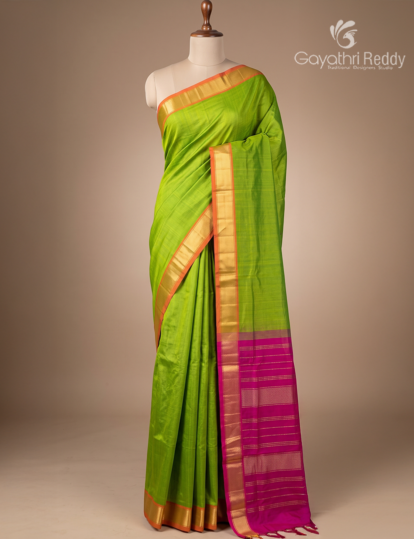 Pure Arani Sico Saree in Parrot Green and Rani Pink