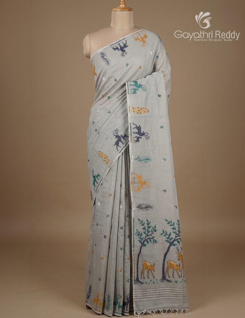 Jamdani Cotton Saree in Concrete Grey