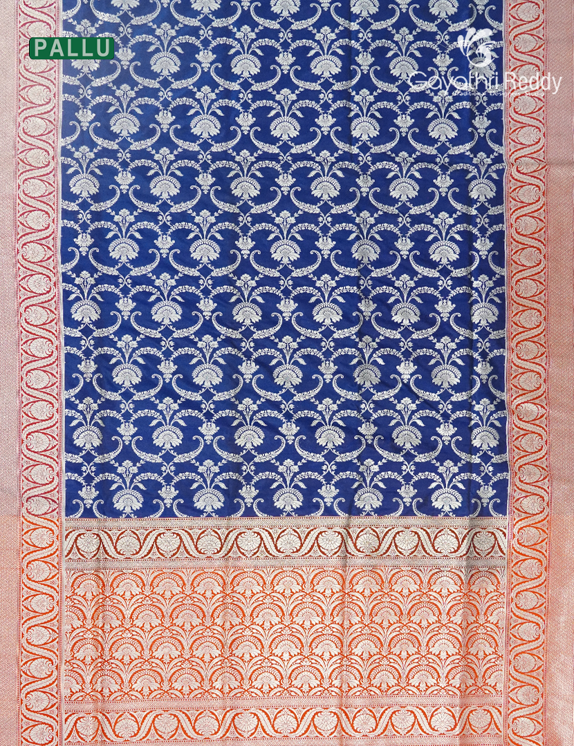Pure Banaras Katan Silk Saree in Navy Blue and Orange