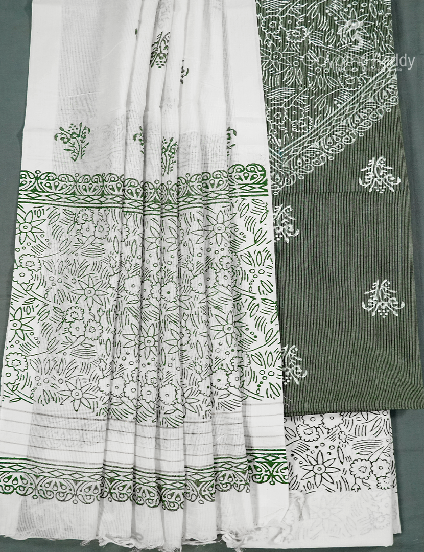 Cotton Dress Material in Deep Olive Green and Cream