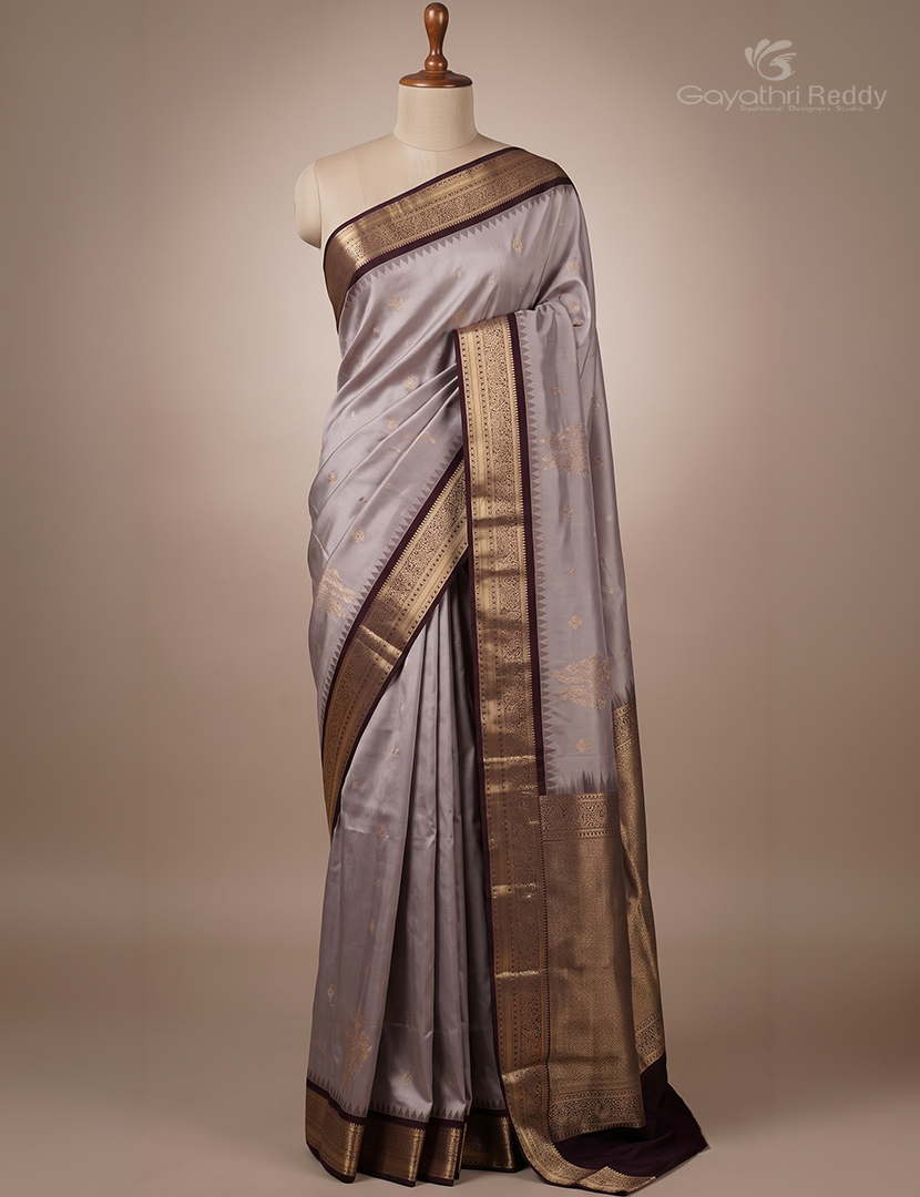 Soft Silk Saree in Ivory and Deep Snuff
