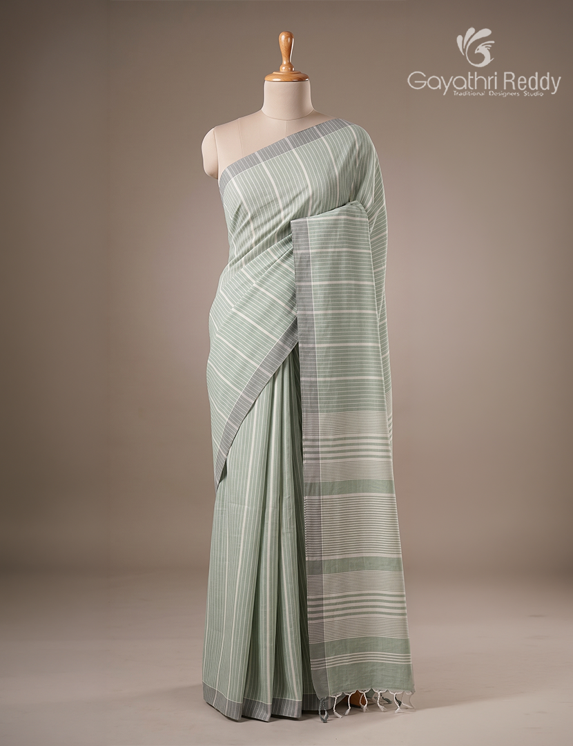 Pure Handloom Cotton Saree in Olive Grey