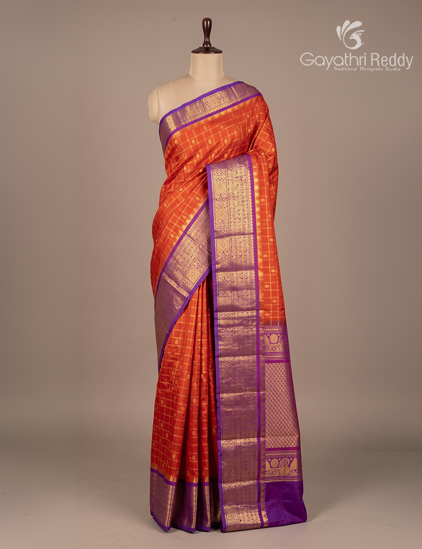 Pure Gadwal Silk Saree in Deep Rust and Purple