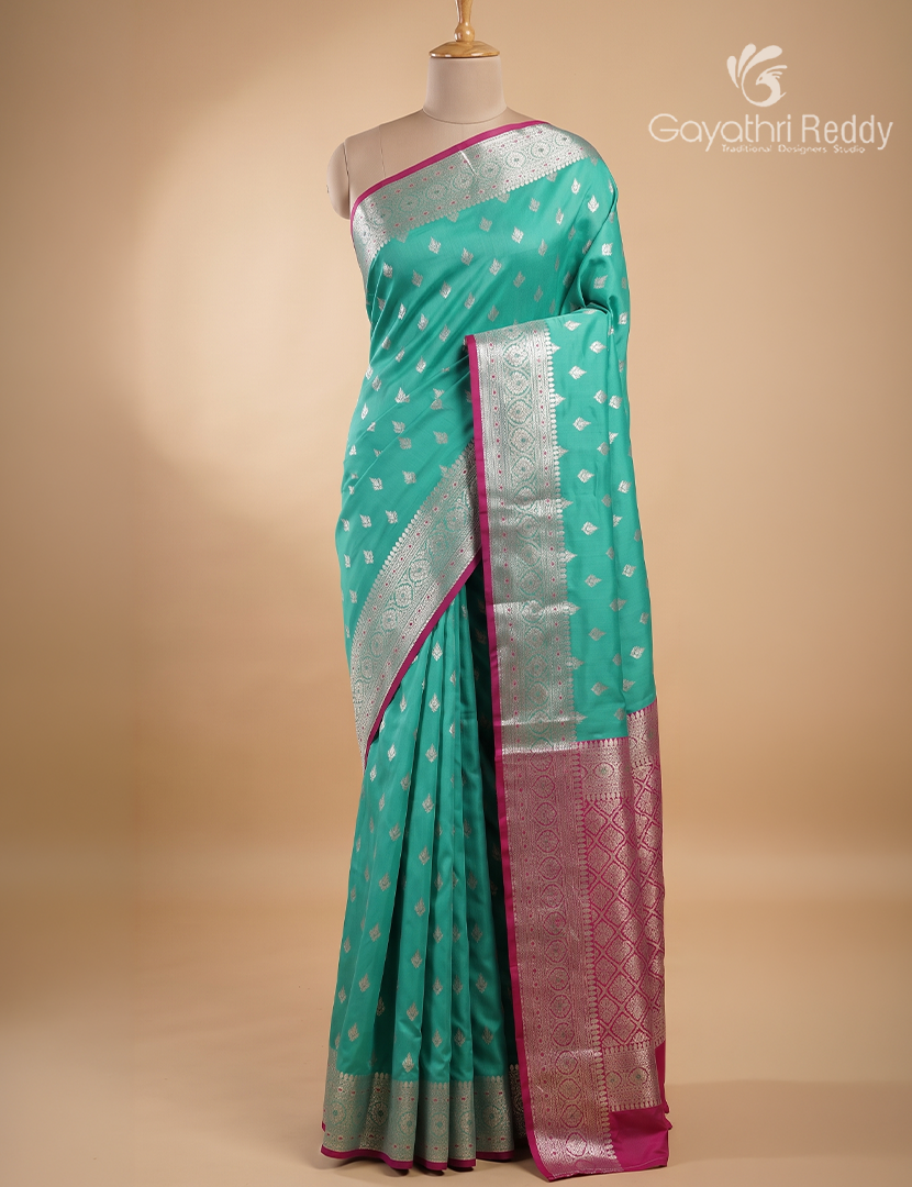 Semi Banaras Katan Silk Saree in Sea Green and Pink
