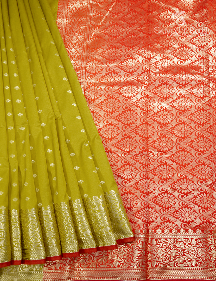 Semi Banaras Katan Silk Saree in Lime Green and Red