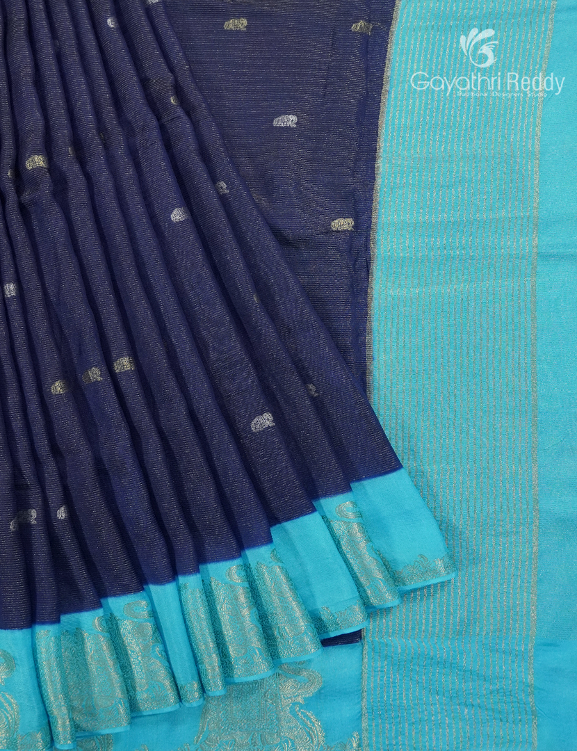 Semi Mysore Crepe Saree in Navy Blue and Sky Blue