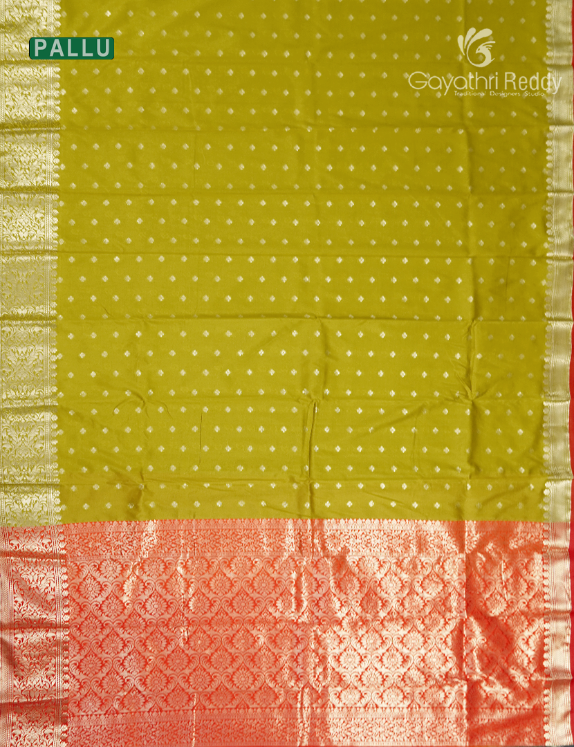 Semi Banaras Katan Silk Saree in Lime Green and Red
