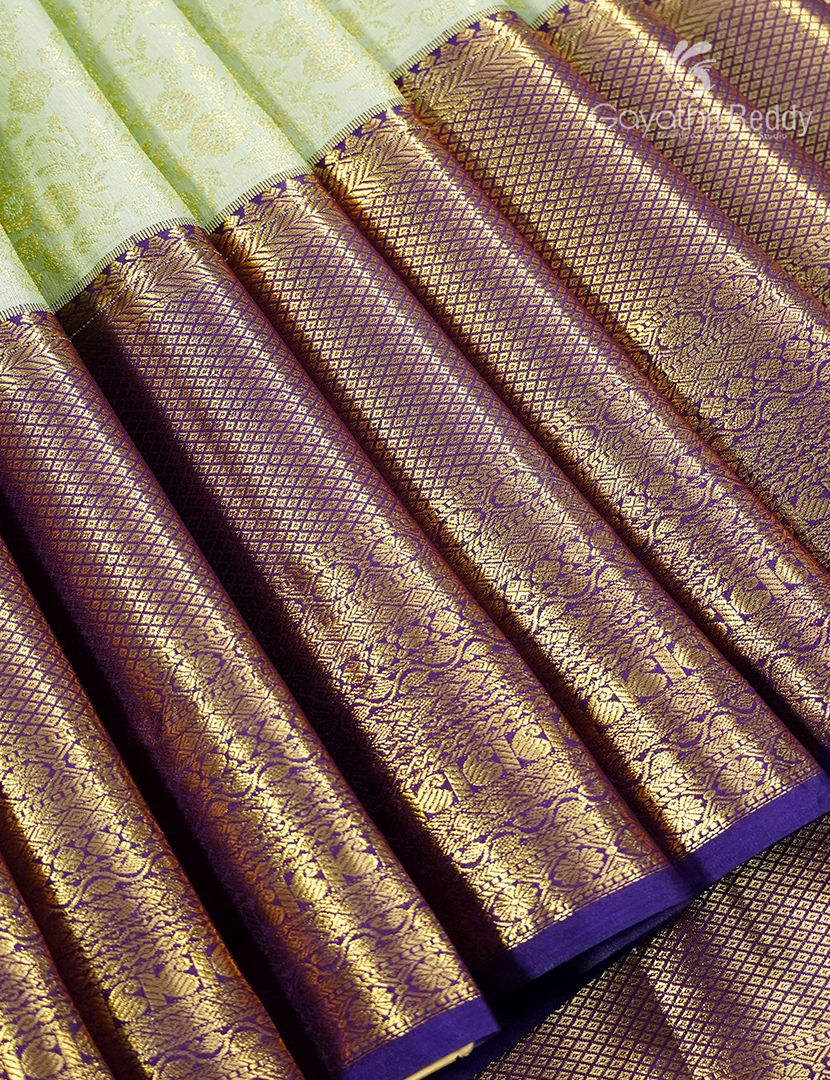 Semi Kanchipuram Silk Saree in Mint Green and Purple