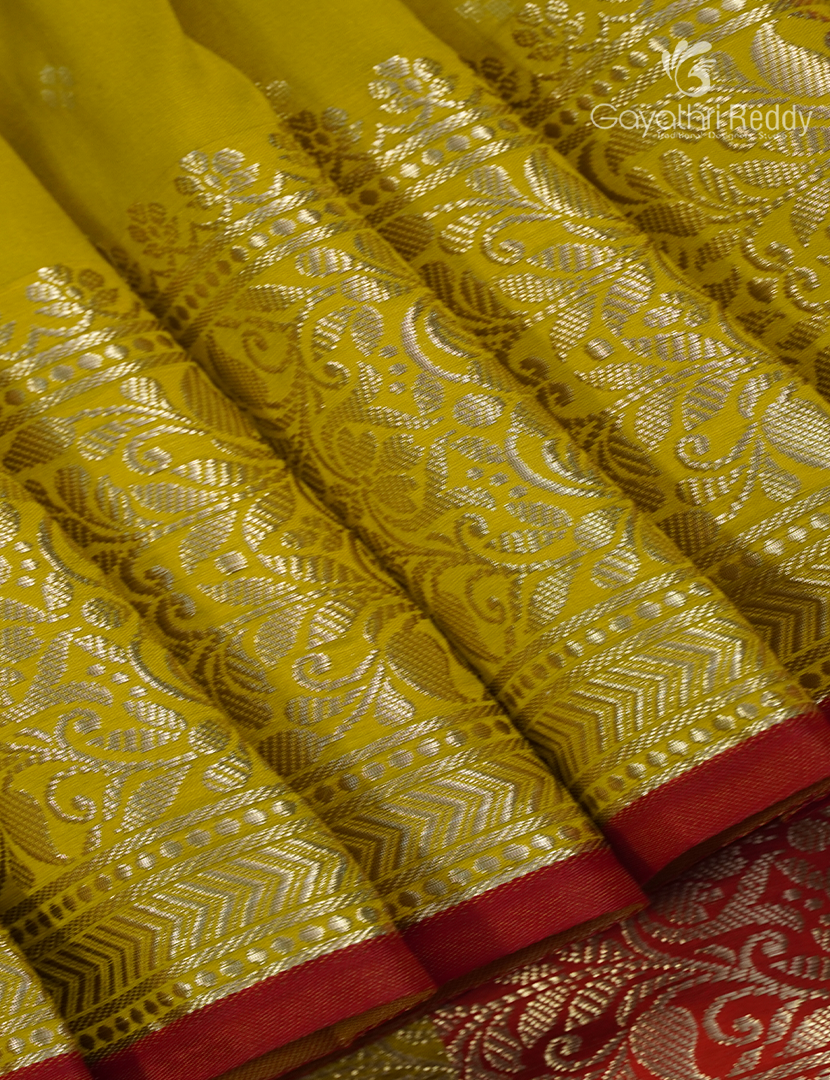 Semi Banaras Katan Silk Saree in Lime Green and Red