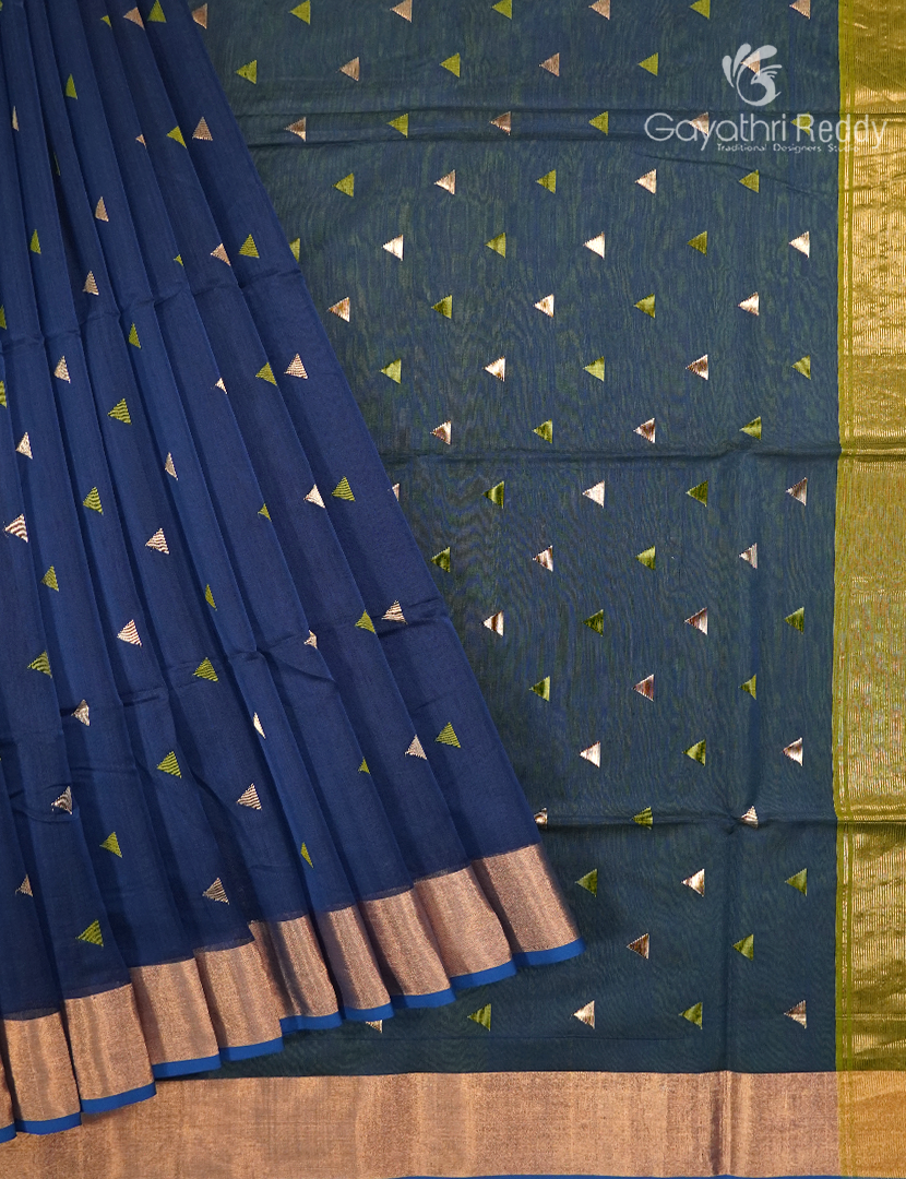 Pure Chanderi Sico Saree in Deep Peacock Blue and Mehendi Green