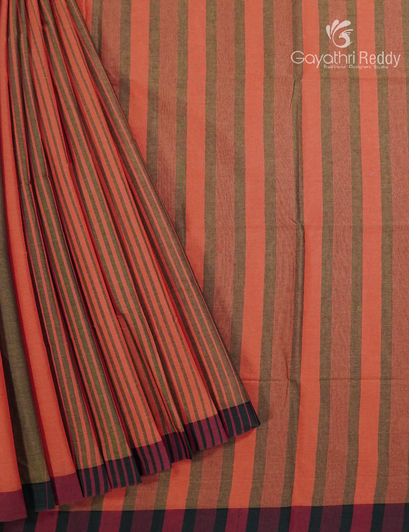 Pure Handloom Cotton Saree in Peachish Orange and Olive Green