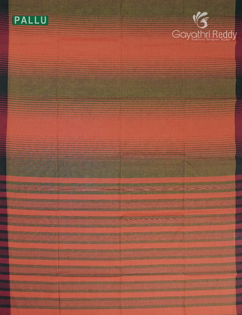 Pure Handloom Cotton Saree in Peachish Orange and Olive Green