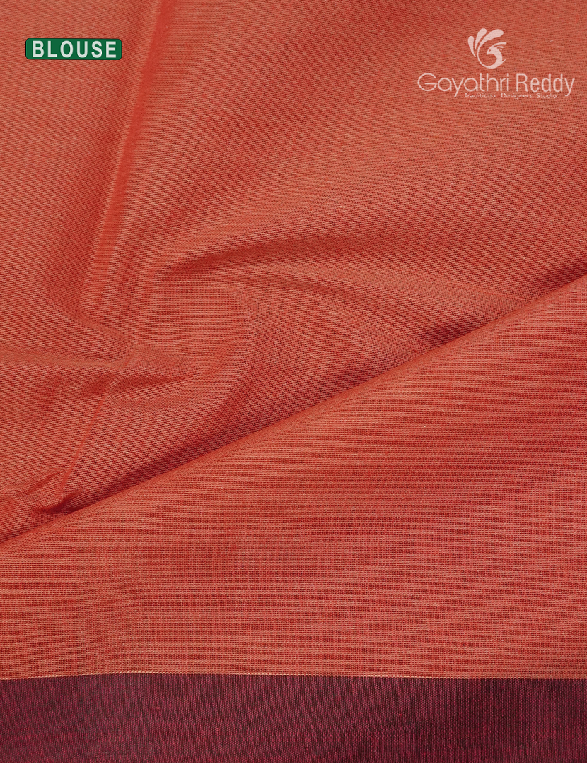 Pure Handloom Cotton Saree in Peachish Orange and Olive Green