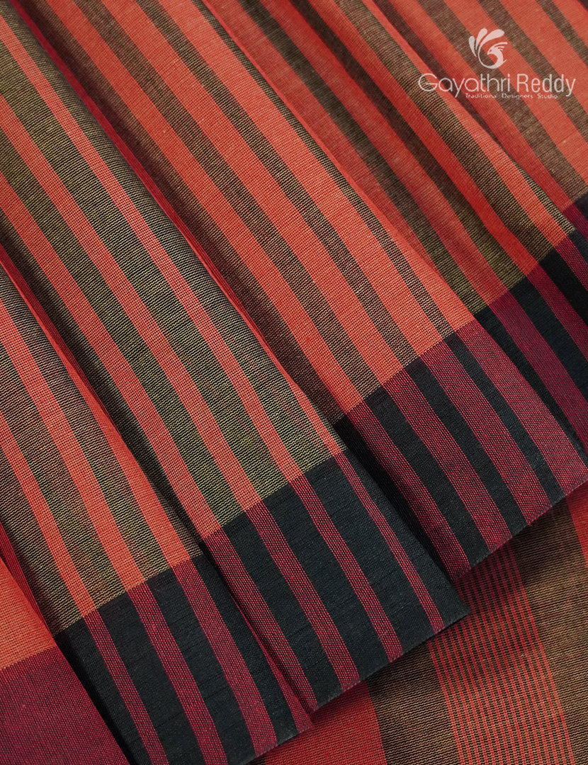Pure Handloom Cotton Saree in Peachish Orange and Olive Green