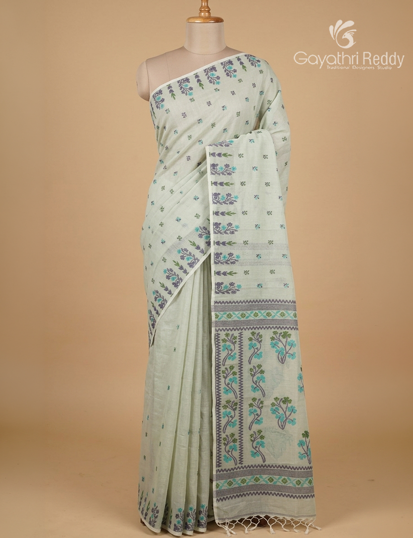 Jamdani Cotton Saree in Olive Grey