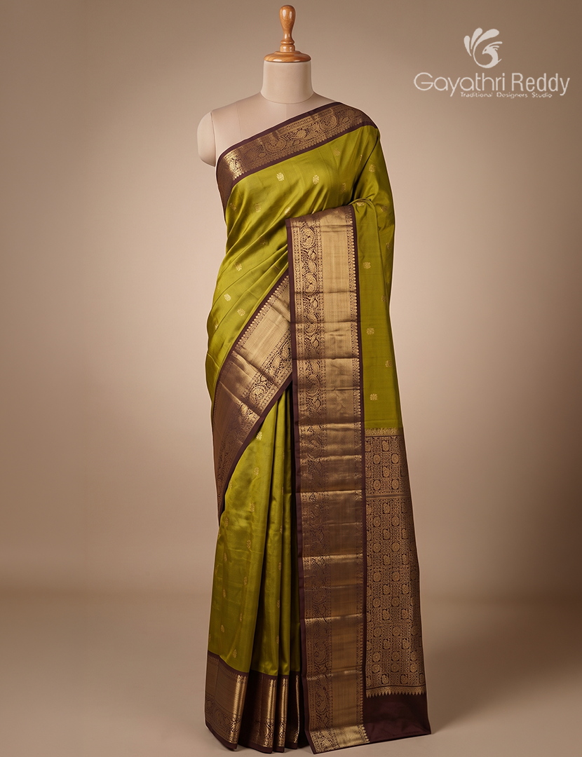 Pure Kanchipuram Silk Saree in Mehendi Green and Deep Brown  (Broad Borders )