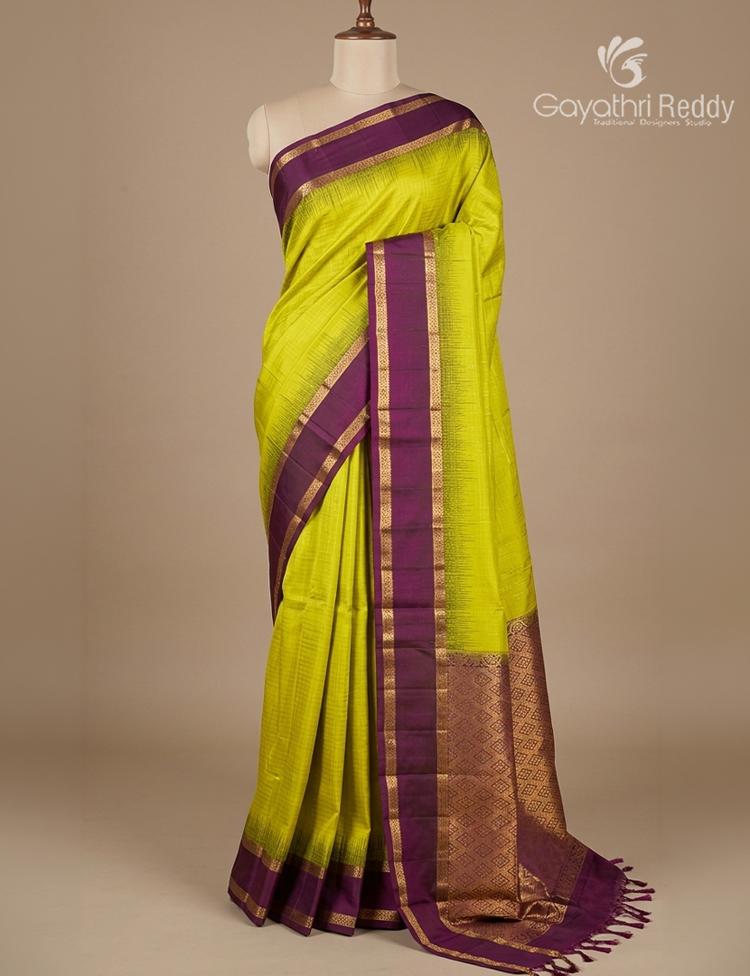 Pure Kanchipuram Vintage Silk Saree in Lime Yellow and Deep Brown