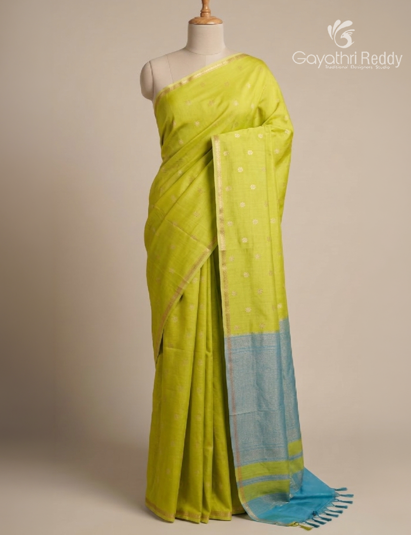 Kanchipuram Sico Saree in Lime Yellow and Sky Blue