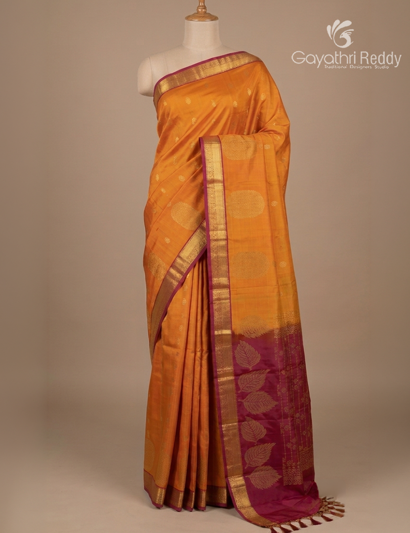 Pure Kanchipuram Silk Saree in Turmeric and Deep Red