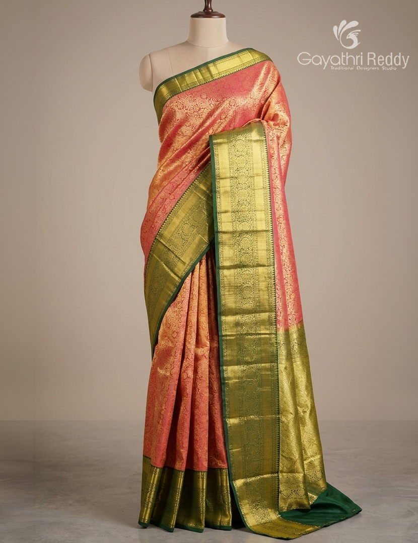 Pure  Kanchipuram Silk Saree in Orange and Bottle Green ( Brocade Pattern )