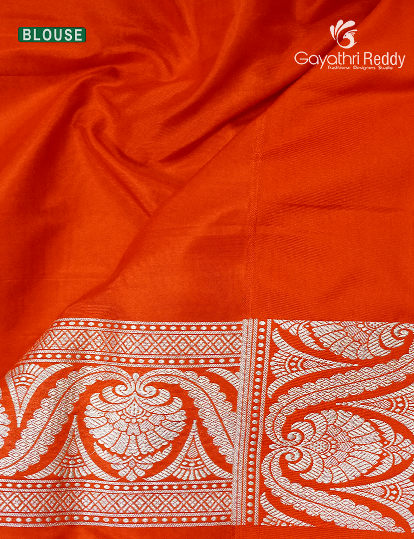 Pure Banaras Katan Silk Saree in Navy Blue and Orange