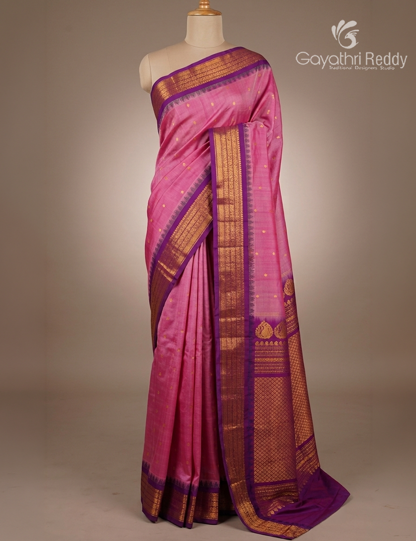 Pure Gadwal Silk Saree in Baby Pink and Deep Magenta