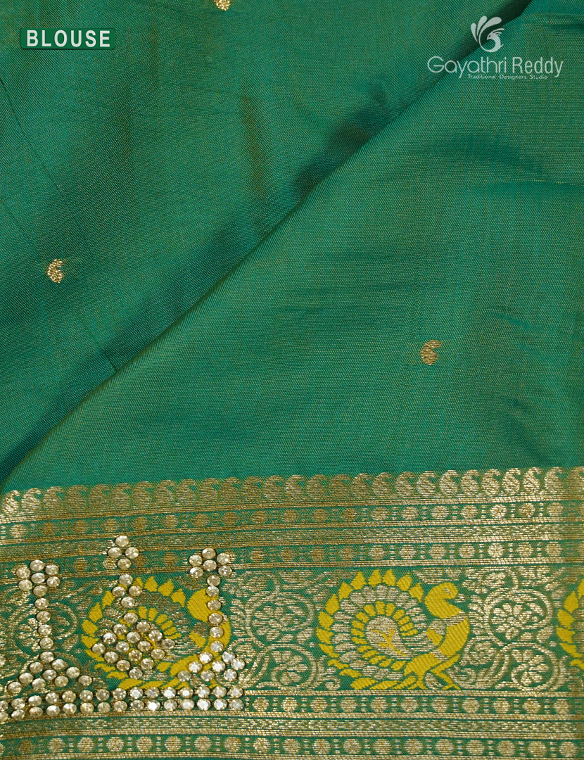Semi Kanchipuram Silk Fancy  Saree in Yellow and Leaf Green