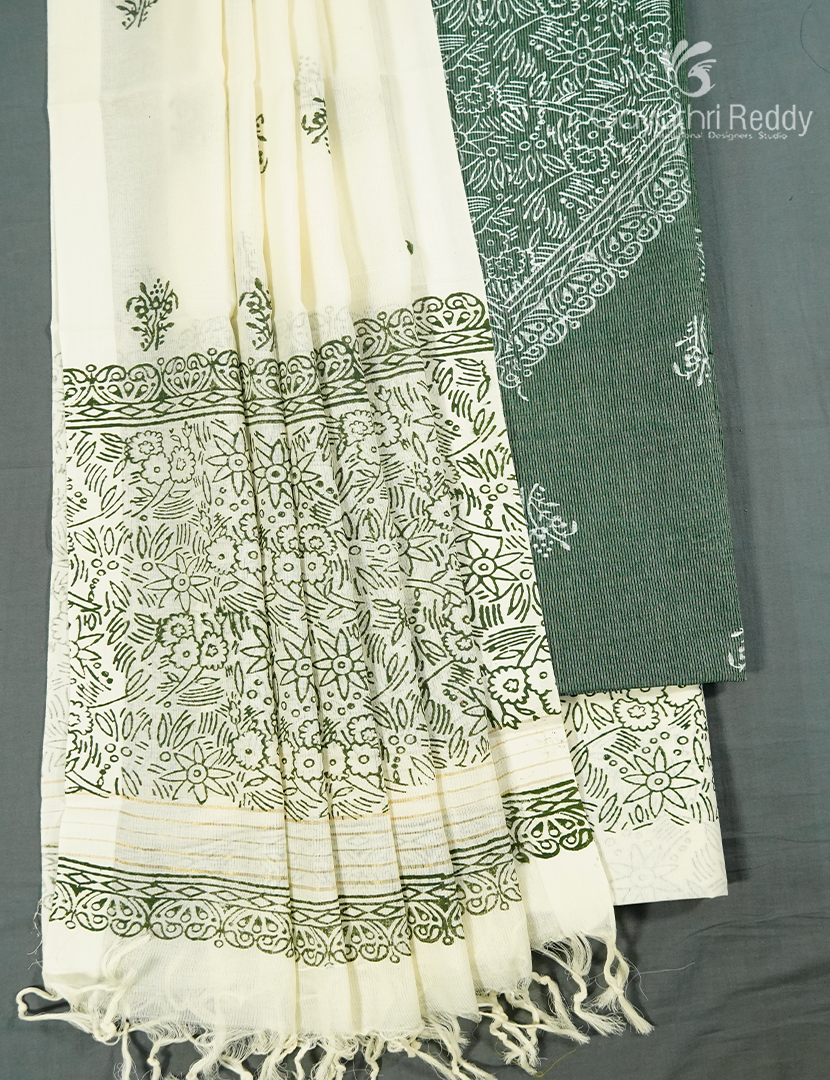 Cotton Dress Material in Deep Mehendi Green