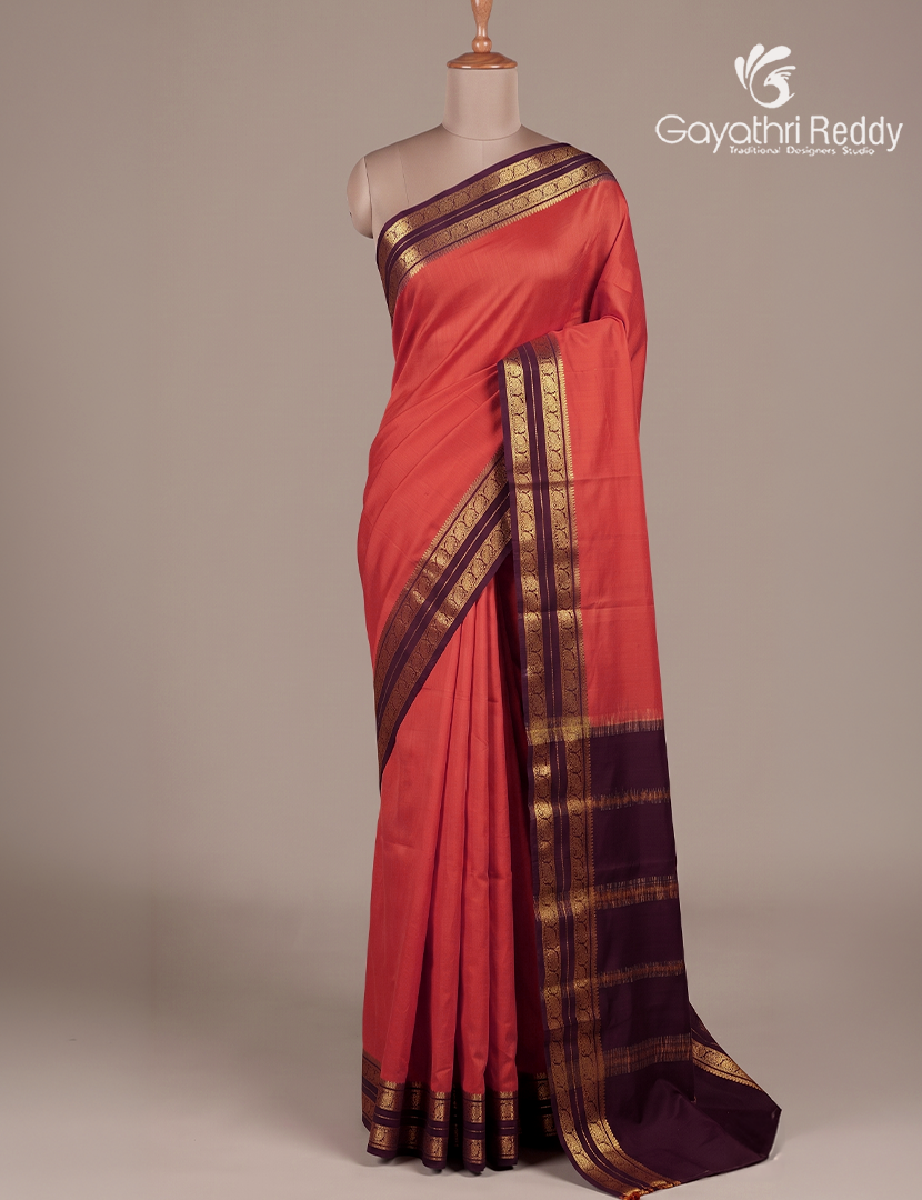 Pure Mysore Silk Saree in Peach Pink and Deep Brown