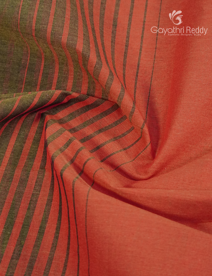 Pure Handloom Cotton Saree in Peachish Orange and Olive Green
