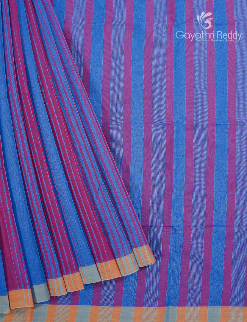 Pure Handloom Cotton Saree in Blue and Magenta