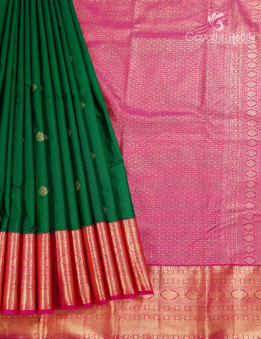 Semi Kanchipuram Silk Saree in Deep Green and Rose Pink