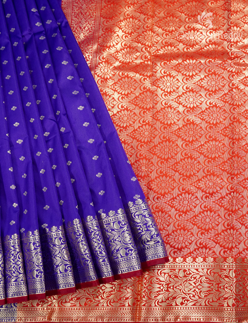 Semi Banaras Katan Silk Saree in Deep Blue and Red