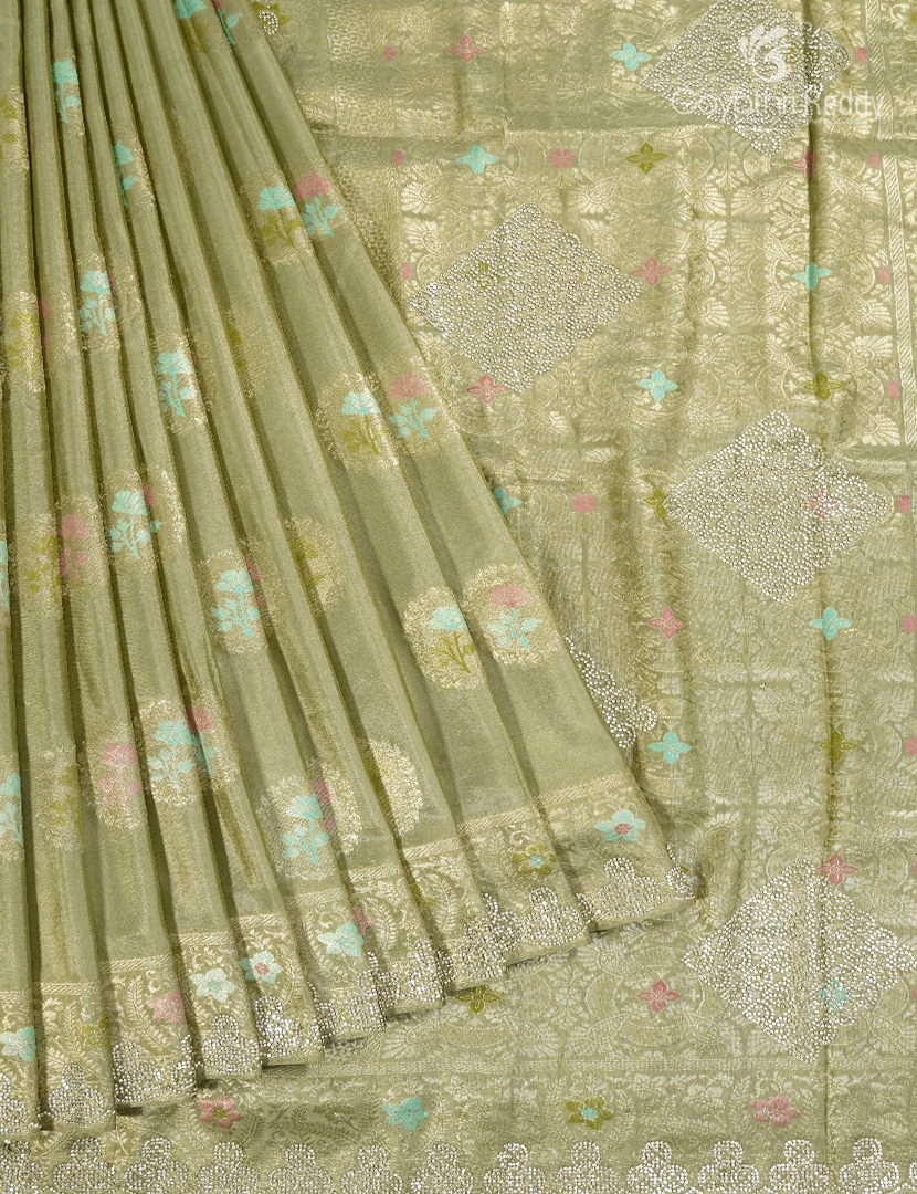Semi Kanchipuram Silk Fancy Saree in Leaf Green
