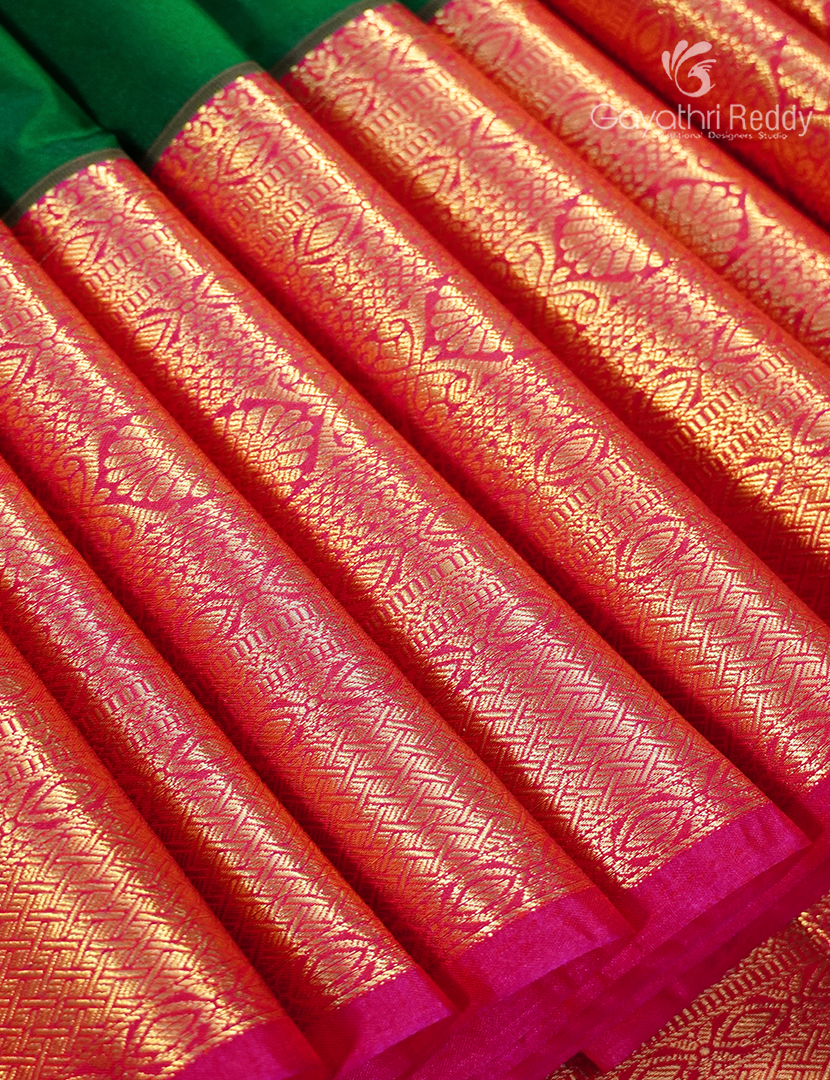 Semi Kanchipuram Silk Saree in Deep Green and Rose Pink