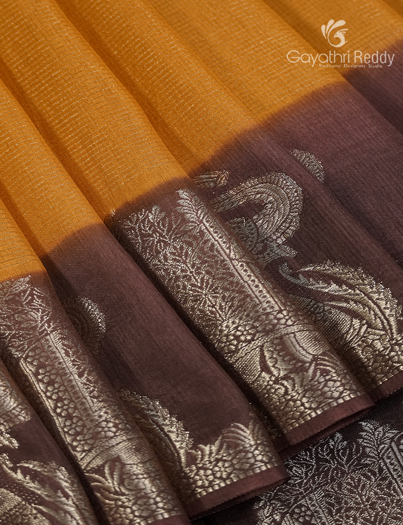 Semi Mysore Crepe Saree in Mustard and Brown