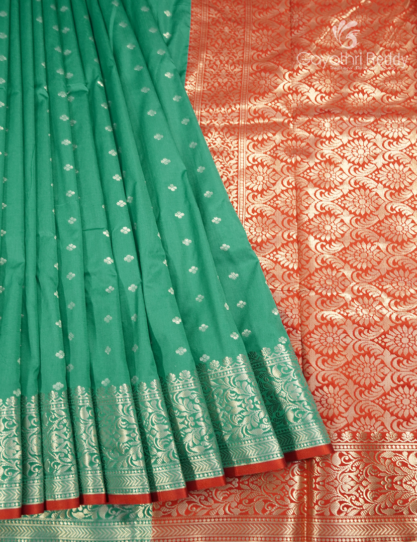 Semi Banaras Katan Silk Saree in Sea Green and Red