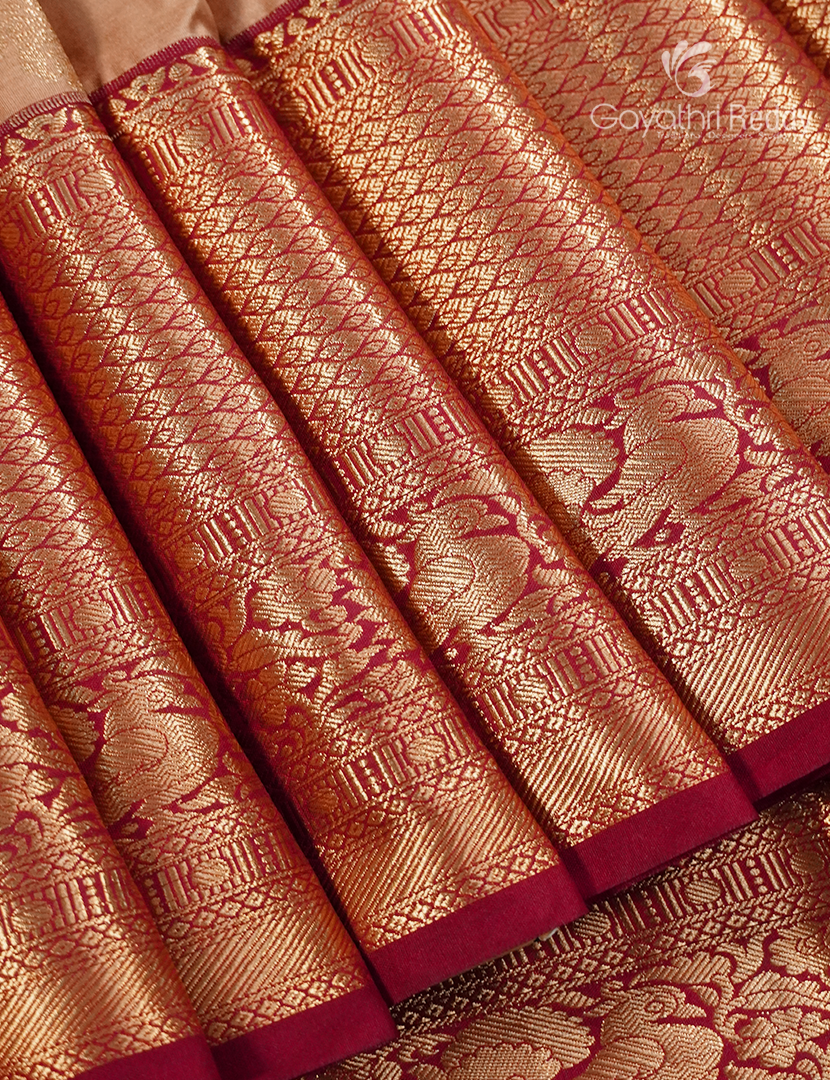 Semi Kanchipuram Silk Saree in Golden Beige and Maroon