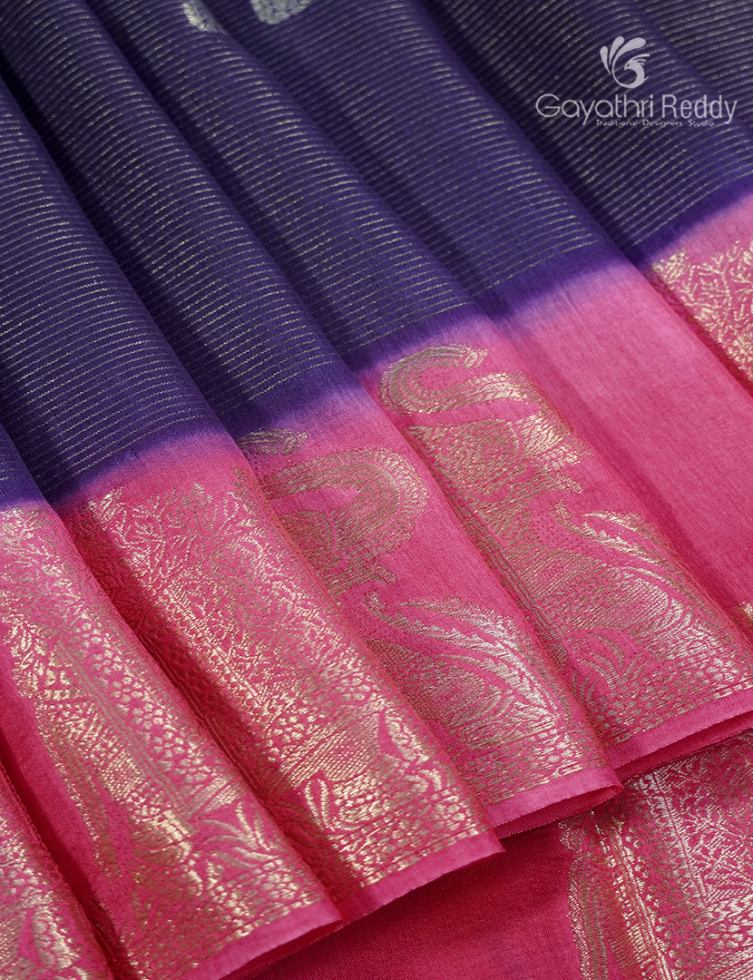 Semi Mysore Crepe Saree in Navy Blue and Rani Pink