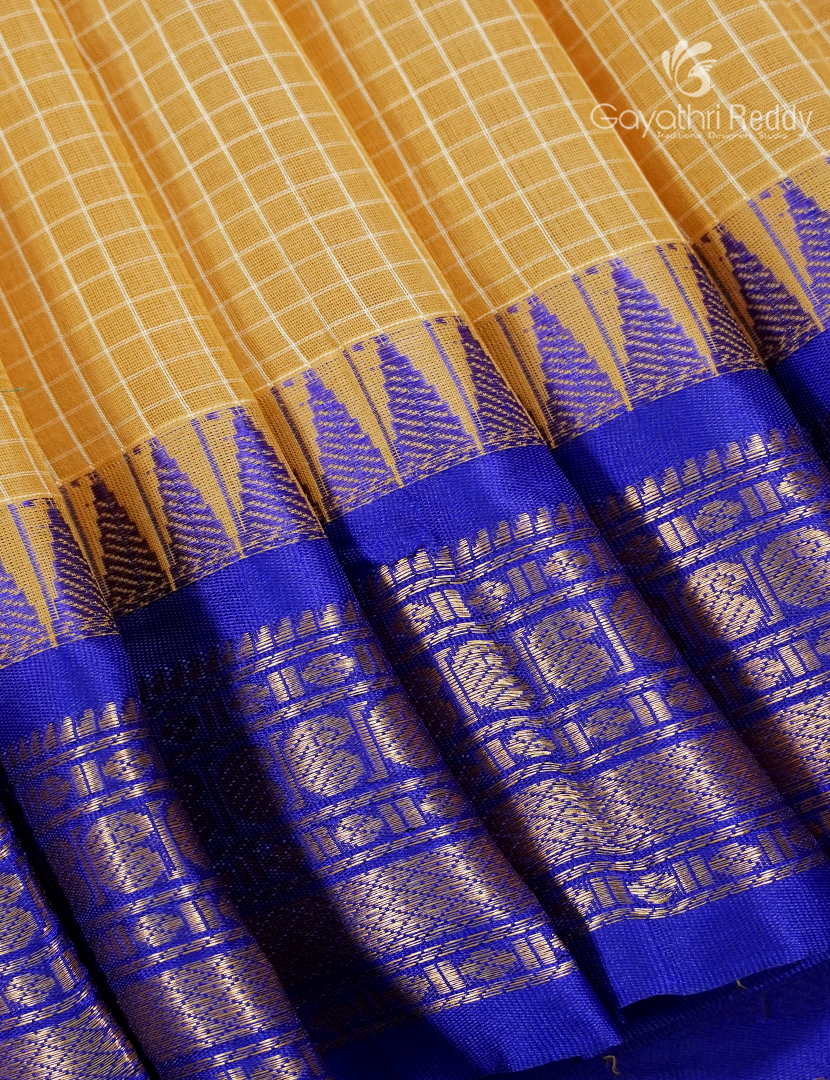Pure Gadwal Cotton Saree in Sandalwood Yellow and Royal Blue