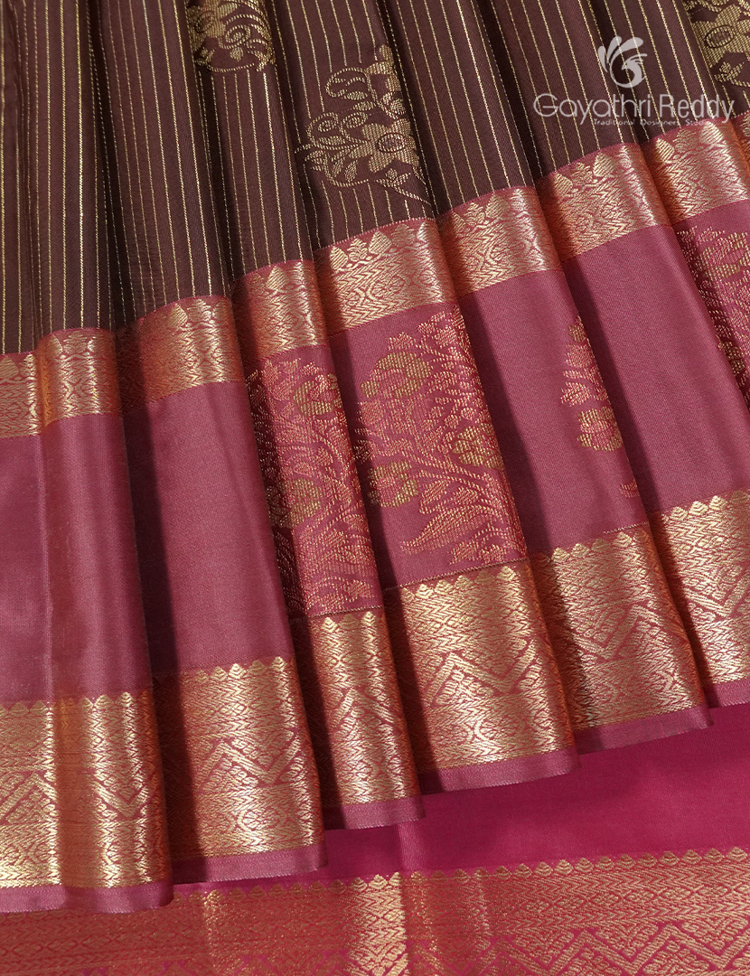Semi Kanchipuram Silk Saree in Deep Brown and Rani Pink