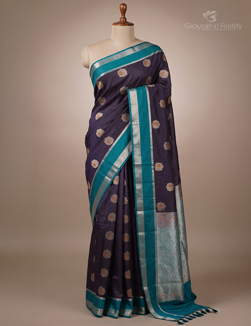 Soft Silk Saree in Deep Brown and Teal Blue