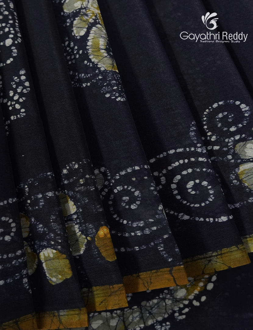 Cotton Batik Print Saree in Deep Navy Blue