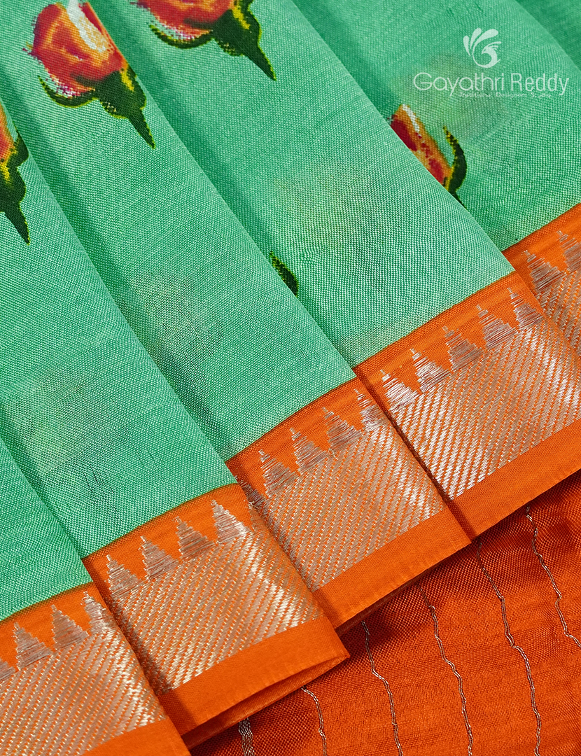 Mangalagiri Pattu Saree  in Sea Foam Green and Orange